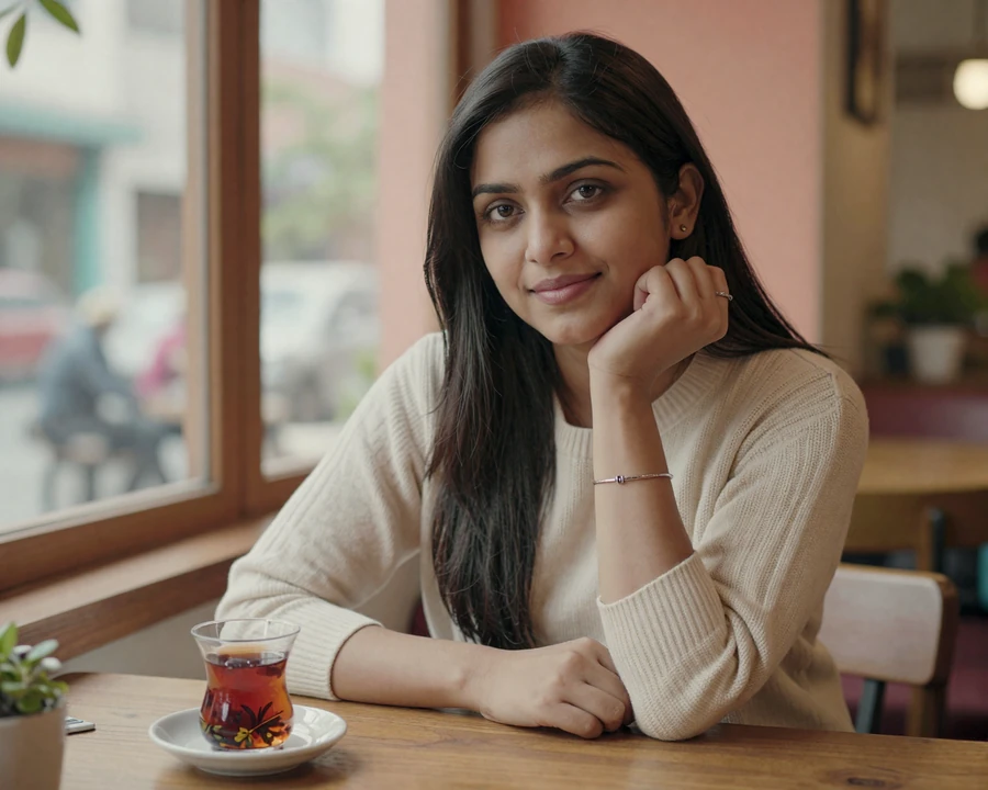 Priya, a woman with epilepsy wearing a medical alert bracelet, smiling on a quiet cafe date