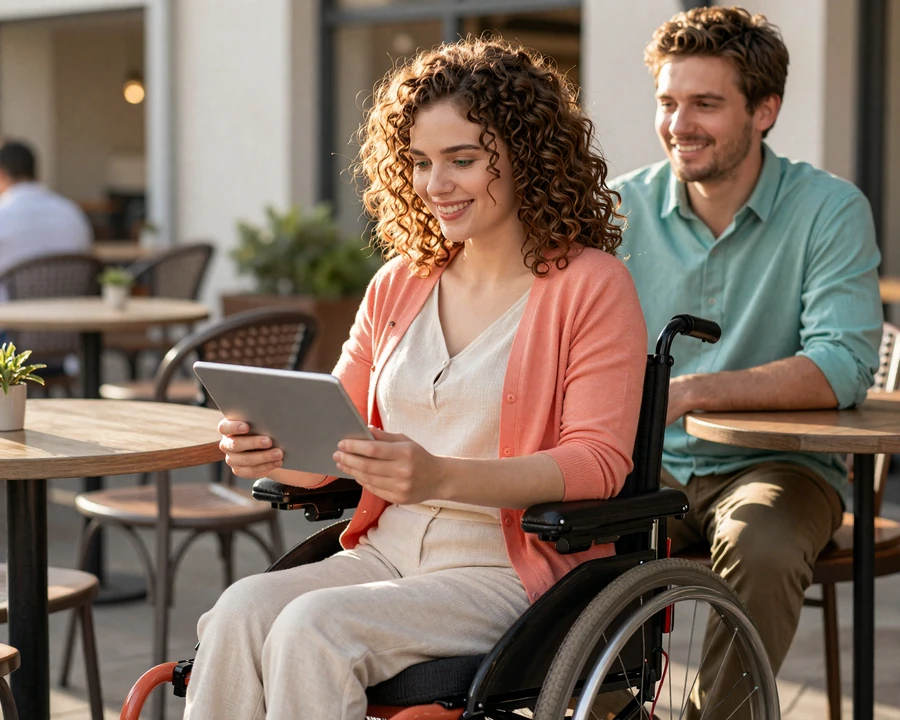 Iris, a woman with cerebral palsy using a power wheelchair, laughing on a step-free cafe patio while her date Marcus smiles across the table