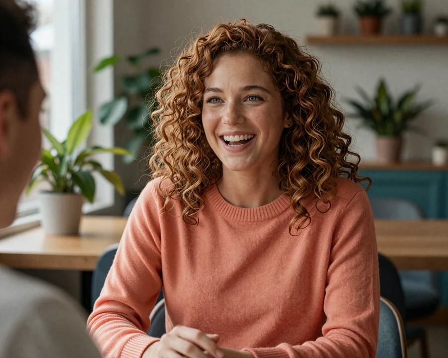Hannah, an ADHD adult laughing mid-conversation on a warm cafe date with her partner