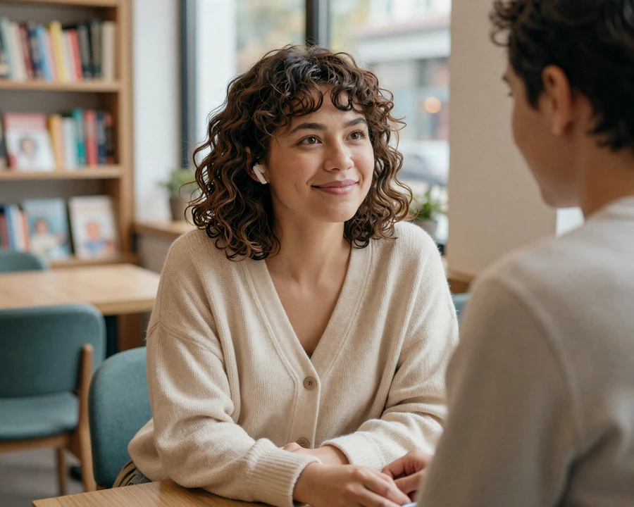 Autistic woman Mara with noise-reducing earbuds laughing softly across from her date at a quiet bookstore cafe