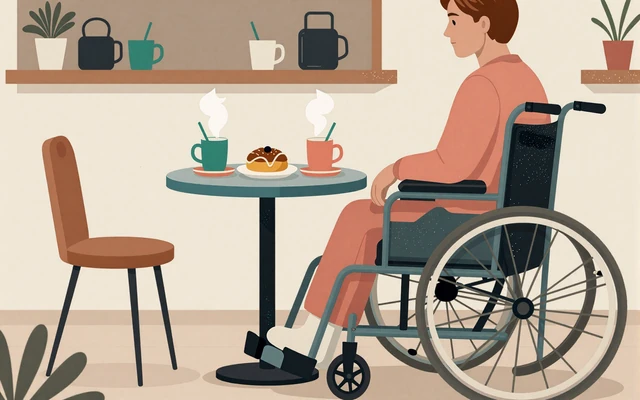 Editorial illustration of an accessible coffee shop first date for disabled singles