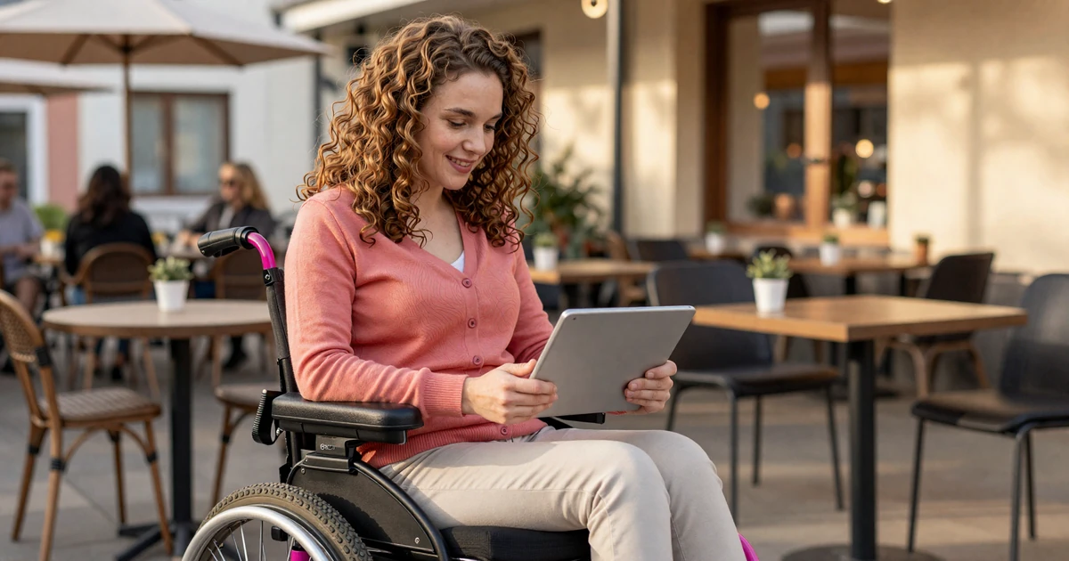 Wheelchair user Mia laughing on a cafe date with her partner Daniel at a step-free patio