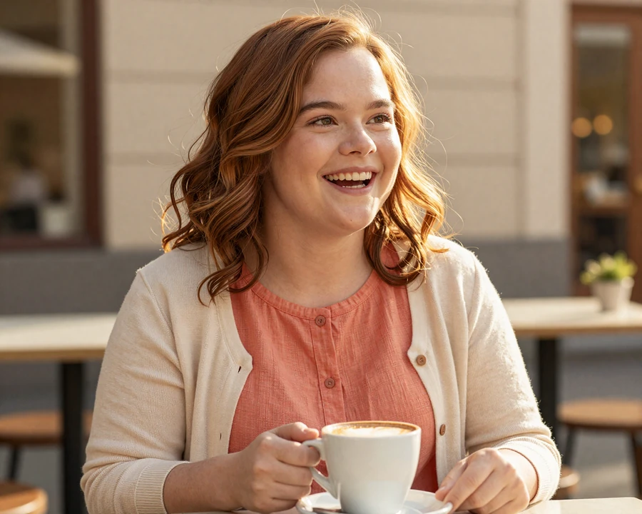 Mia, a Little Person woman with achondroplasia laughing on a sunny cafe patio while meeting a match