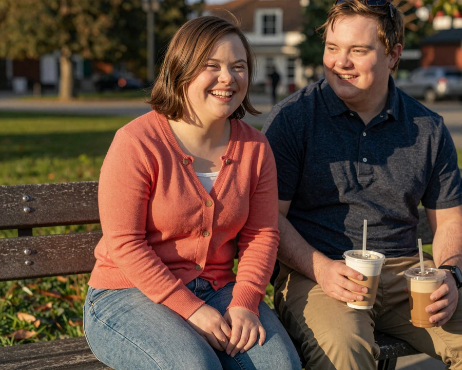 Emma and her partner, two adults with Down syndrome, smiling on a park bench on a sunny first date