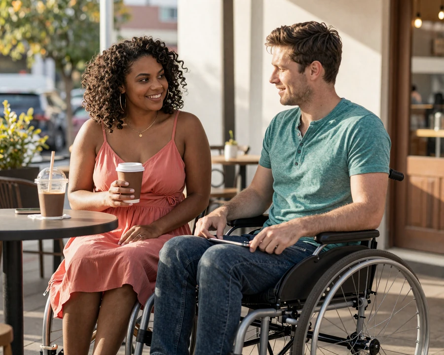 Disabled couple smiling on cafe patio - wheelchair user and partner laughing on a first date