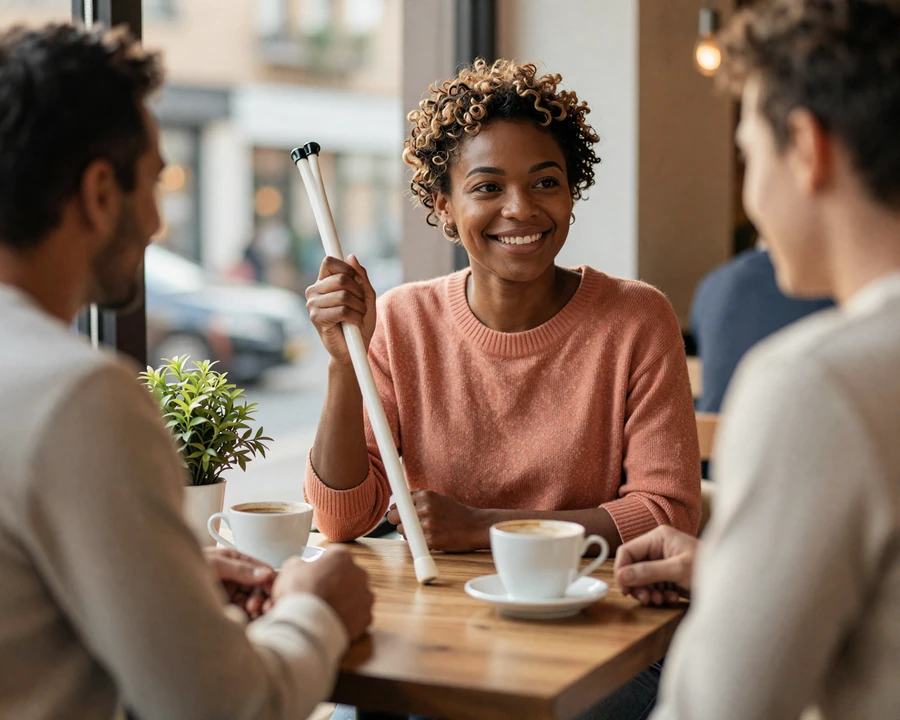 Naomi, a blind woman holding a folded white cane, laughing on a warm cafe date with her partner