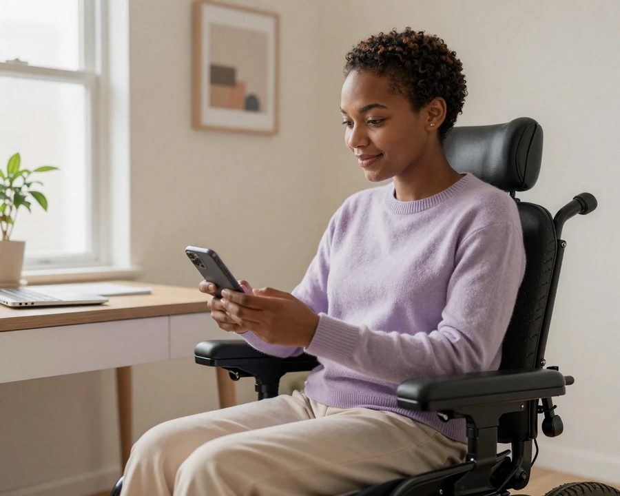 Power wheelchair user Aria smiling at the GreatDatingBlogs app on her phone at home