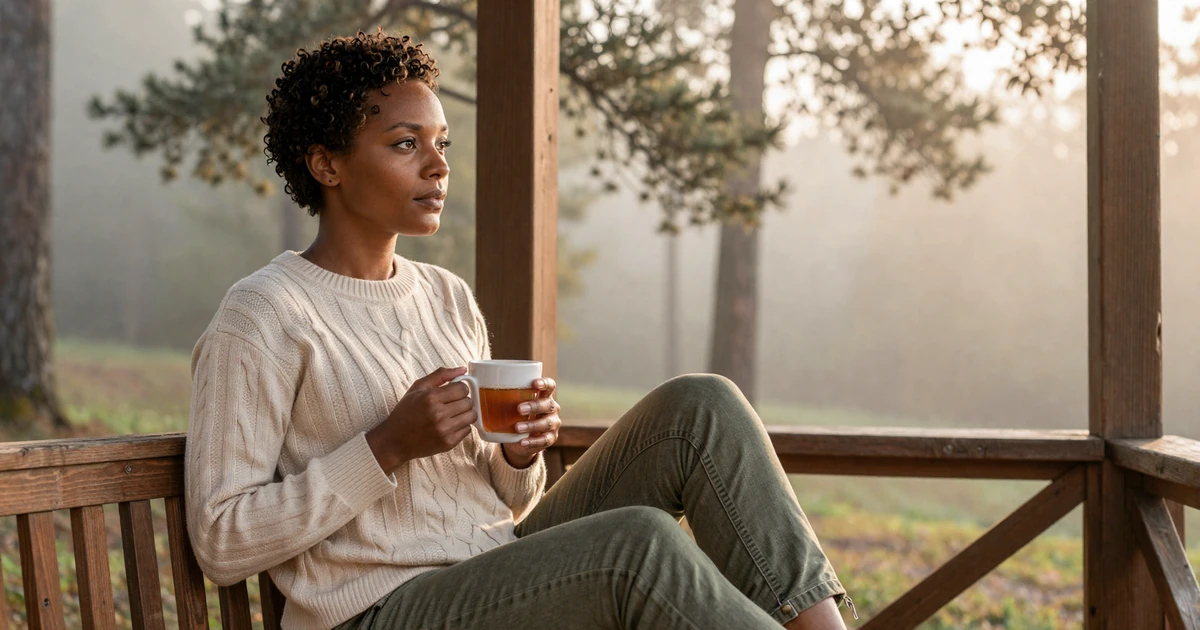 Renee, a Black American woman with PTSD, sitting calmly on a porch with tea overlooking a misty forest